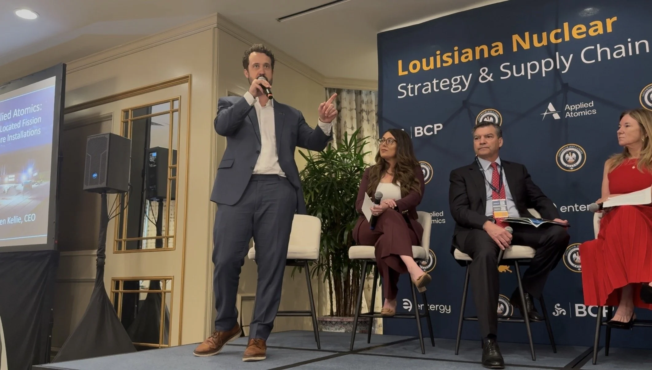 Ben Kellie, CEO of Applied Atomics, leads a panel discussion at the Louisiana Nuclear Strategy and Supply Chain summit