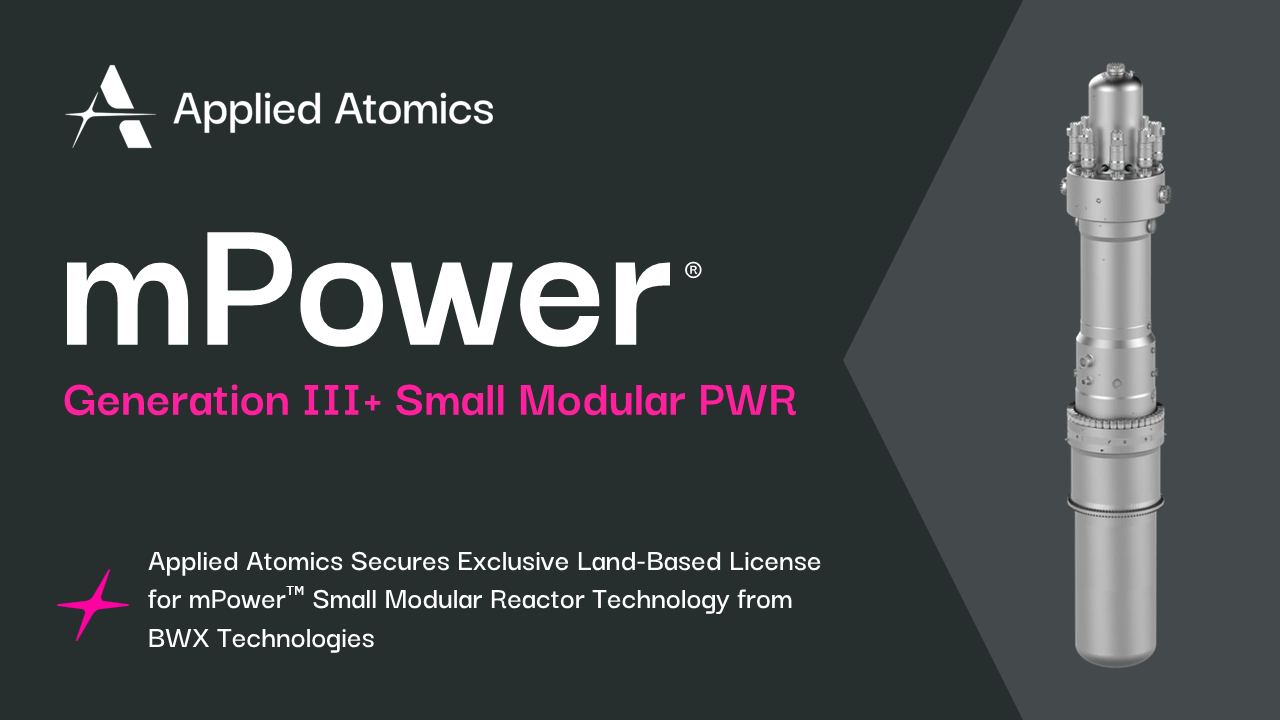 Graphic showing the mPower reactor, a hexagon shape, the Applied Atomics logo and the article title