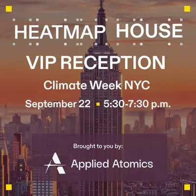 VIP reception invitation card for Heatmap house and Applied Atomics event at climate week sept 22 5:30-7:30