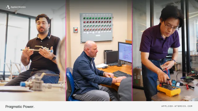 3 men from Applied Atomics working in action. Paul describing a component by the test stand in Los Angeles, Chris at a computer inside the IST in Virginia, Roger working on software architecture in los angeles. 