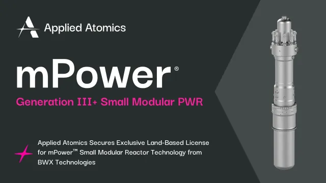 Graphic showing the mPower reactor, a hexagon shape, the Applied Atomics logo and the article title