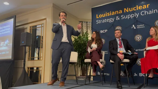 Ben Kellie, CEO of Applied Atomics, leads a panel discussion at the Louisiana Nuclear Strategy and Supply Chain summit