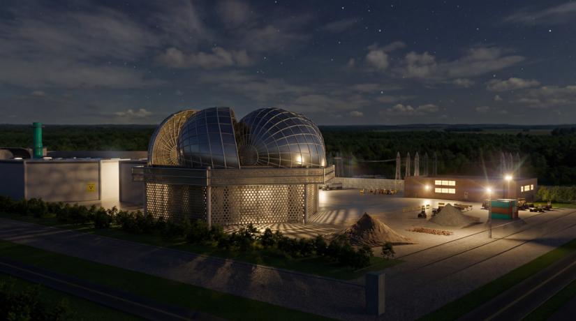 Applied Atomics nuclear power plant rendering at night